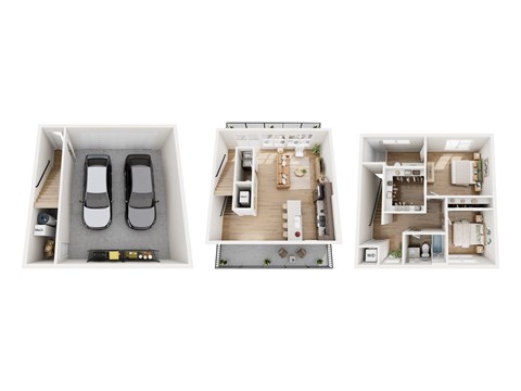 Three images of a small apartment layout.